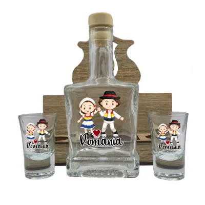 Port popular tarani, romania, suport din lemn cu sticla si 2 pahare, model hgs042